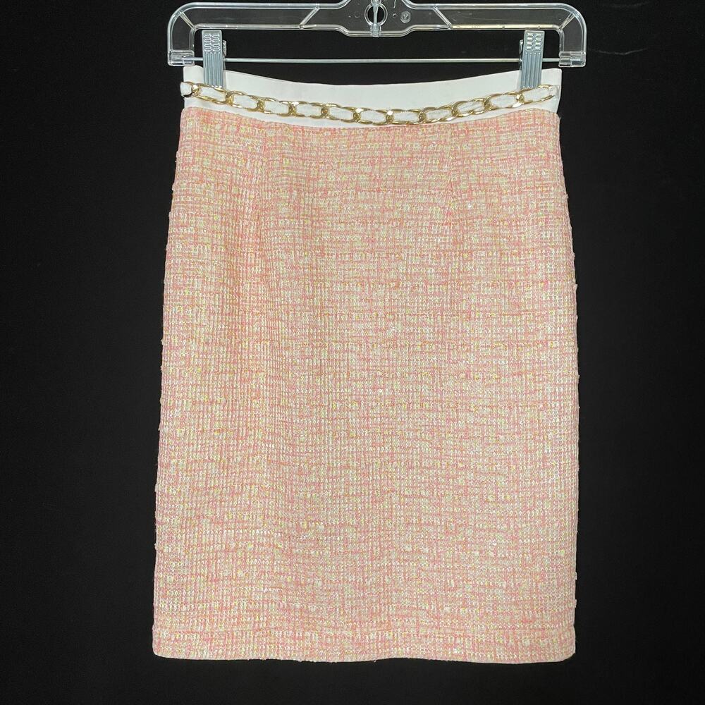Walter Baker Priscilla Tweed Pencil Skirt Pink w/ Chain Belt Preppy Sparkle 0‎